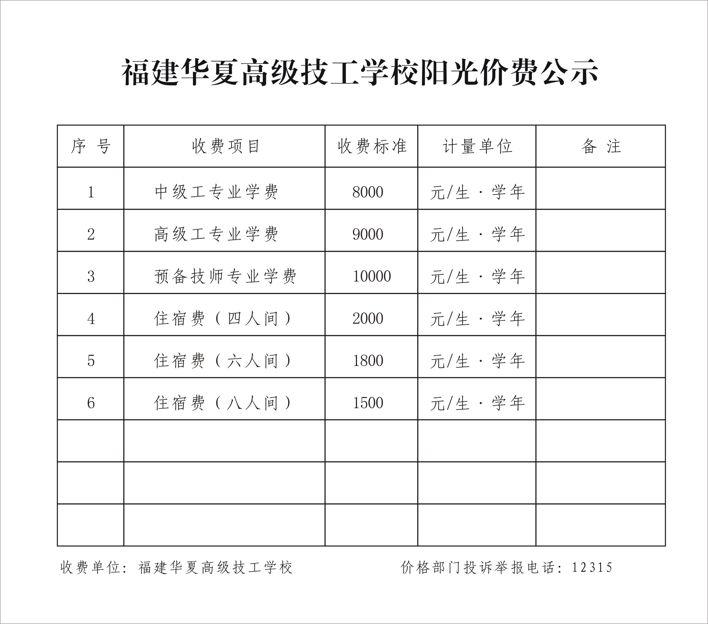 福建華夏高級技工學校收費標準